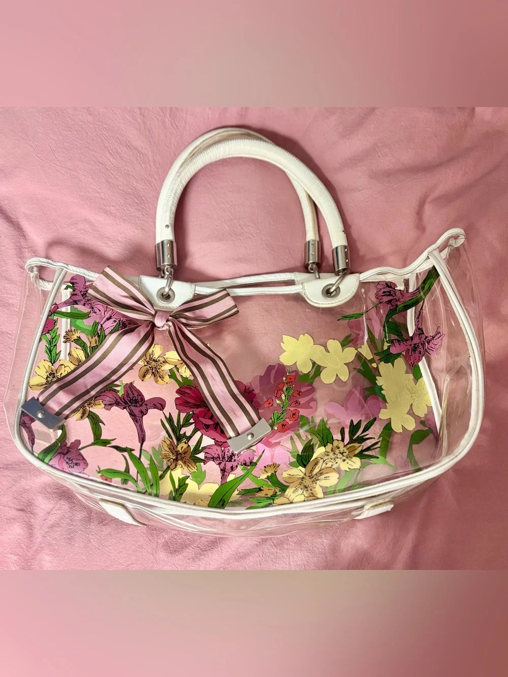 Vintage Y2K Clear Floral Polyvinyl Tote with Leather Handles by Laundry Shelli S